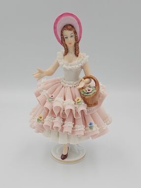 Porcelain Lady Figurine in Pink Ruffled Dress with Basket